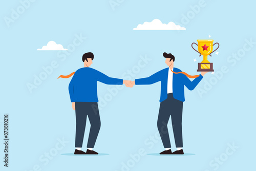 Employer shaking hands with candidate holding trophy concept hiring best rewarding top talent celebrating successful recruitment