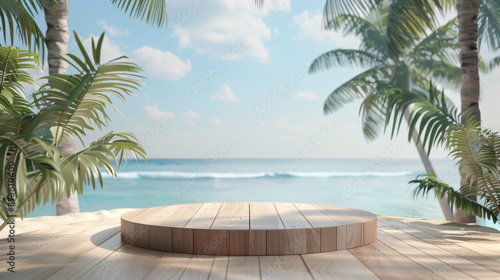 Fototapeta premium Summer product display on wooden podium at sea tropical beach. 