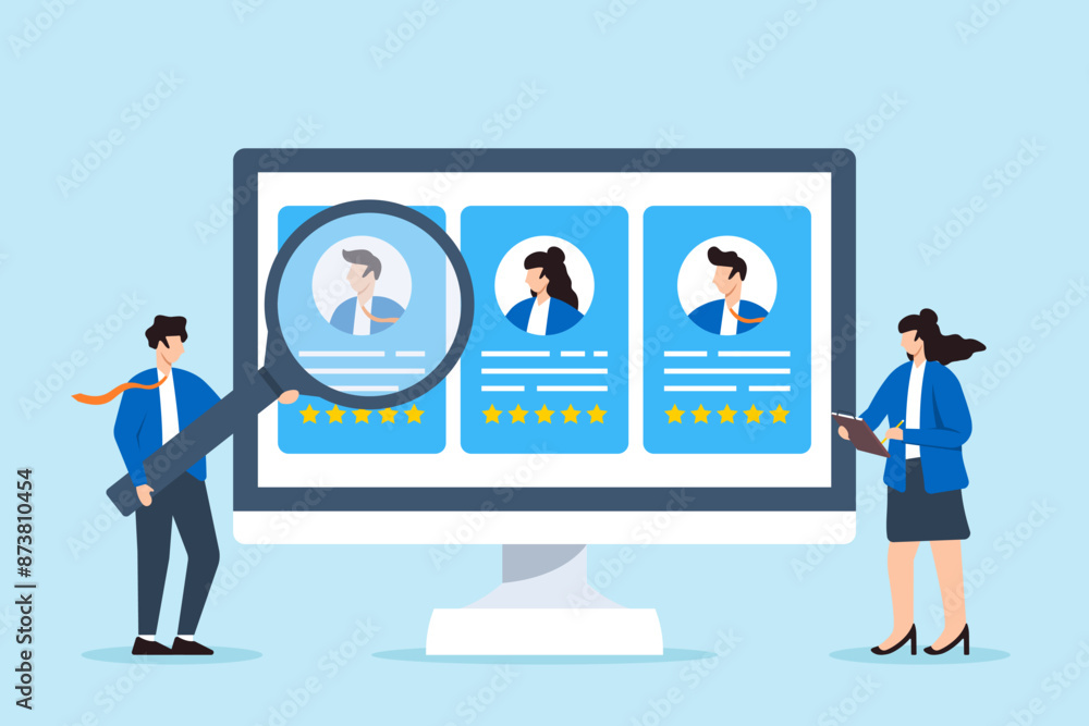 Recruiter reviewing candidate profiles through digital screen concept modern recruitment technology in hiring virtual employee evaluation online screening Recruiter reviewing candidate profiles through digital screen concept modern recruitment technology in hiring virtual employee evaluation online screening