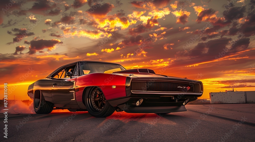 Obraz premium Red and black car parked on asphalt outdoor parking lot in the evening time with sunlight of sunset and beautiful orange sky background. 