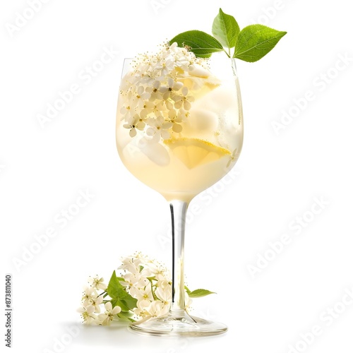 Elderflower Gin and Tonic - A gin and tonic flavored with elderflower, offering a sweet and floral twist, single objects, white background for remove background.