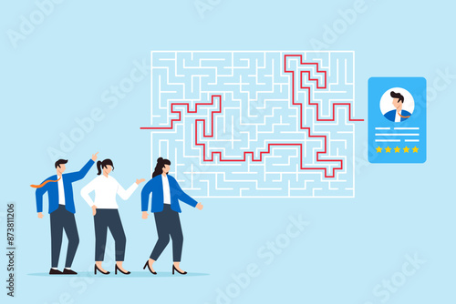Business team navigating maze with candidate profiles complex recruitment process finding right path strategic hiring overcoming challenges © VZ_Art