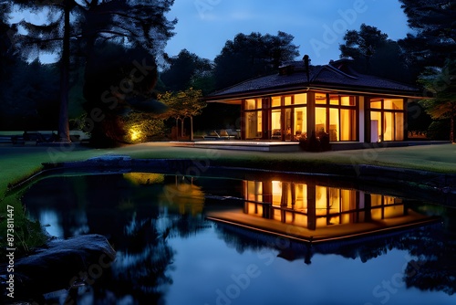  lonely illuminated villa in nature by a pond at dusk. © MUmar
