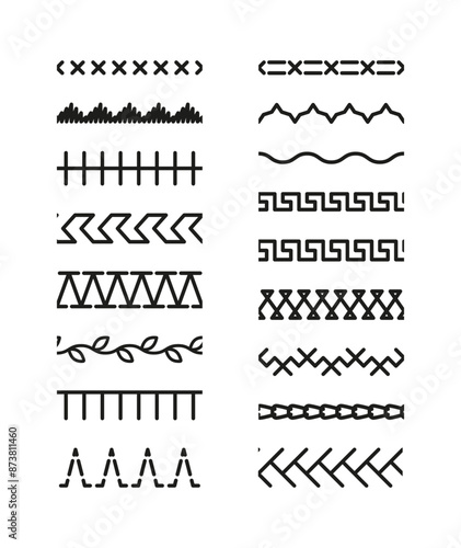 Overlock embroidery seams. Set of machine thread sew brushes. Line border isolated on white background. Sewing stitches zigzag seamless elements. Vector illustration.
