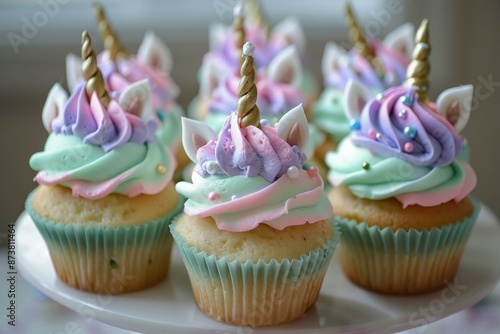 Pastelcolored unicornthemed cupcakes with golden horns perfect for a festive occasion photo