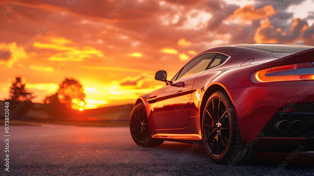 Red and black car parked on asphalt outdoor parking lot in the evening time with sunlight of sunset and beautiful orange sky background. Red and black car parked on asphalt outdoor parking lot in the evening time with sunlight of sunset and beautiful orange sky background.