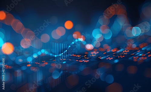 Dynamic Stock Market Charts with Blue Lines and Orange Curves on White LED Screens, Set Against a Dark Blue Background, Featuring Digital Data Visualization and Financial Elements in High-Definition.