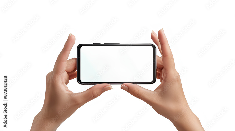 Hands hold mobile phone screen mockup, horizontal smartphone display mock up isolated on white Hands hold mobile phone screen mockup, horizontal smartphone display mock up isolated on white