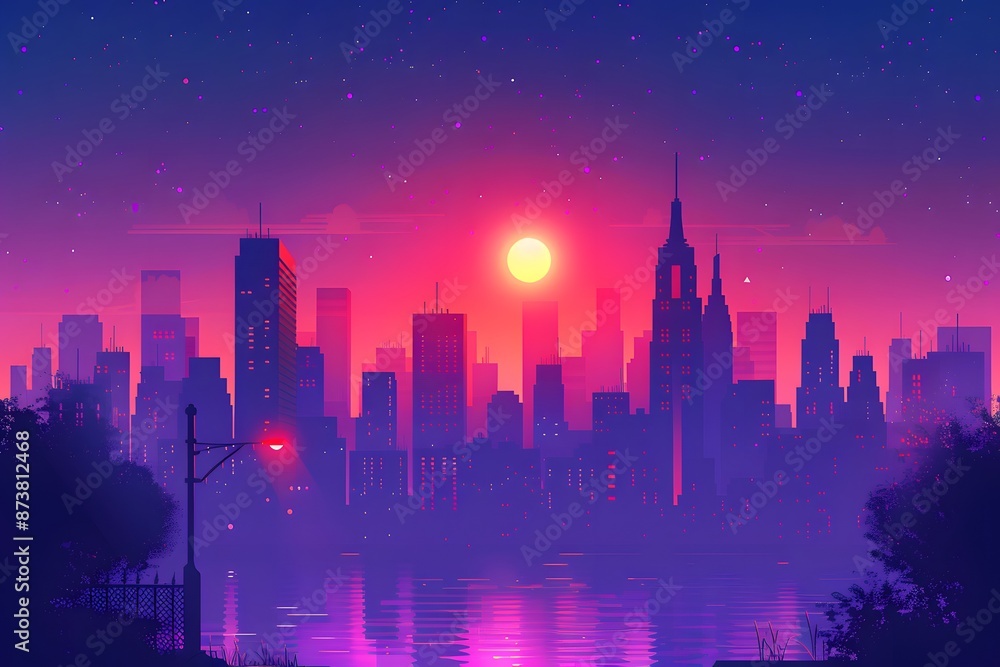 A flat design illustration of a city skyline with tall, stylized buildings, a single streetlight, and a gradient of purple and pink in the sky A flat design illustration of a city skyline with tall, stylized buildings, a single streetlight, and a gradient of purple and pink in the sky