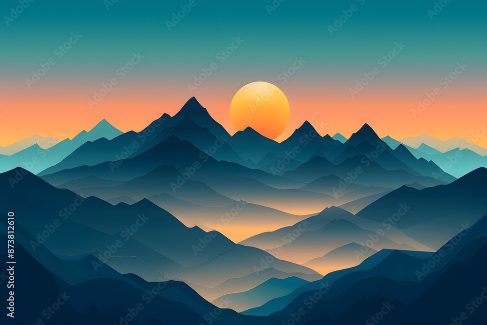 A minimalist flat design illustration of a mountain range with sharp, triangular peaks, a single sun in the sky, and a gradient from deep blue to orange at the horizon A minimalist flat design illustration of a mountain range with sharp, triangular peaks, a single sun in the sky, and a gradient from deep blue to orange at the horizon