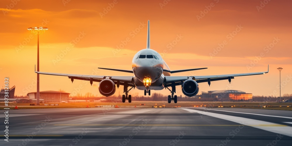 Obraz premium Airplane Taking Off at Sunset