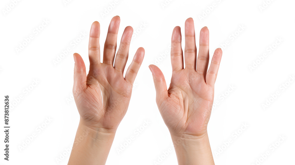 Hands, palms gesturing up, saying hi, greeting, hello, bye isolated on white Hands, palms gesturing up, saying hi, greeting, hello, bye isolated on white