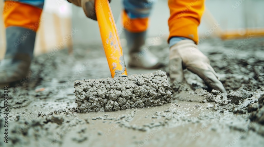 Detailed image of a craftsman troweling concrete, smoothing and spreading layers, creating a solid foundation for a new residence, precise and skilled work Detailed image of a craftsman troweling concrete, smoothing and spreading layers, creating a solid foundation for a new residence, precise and skilled work