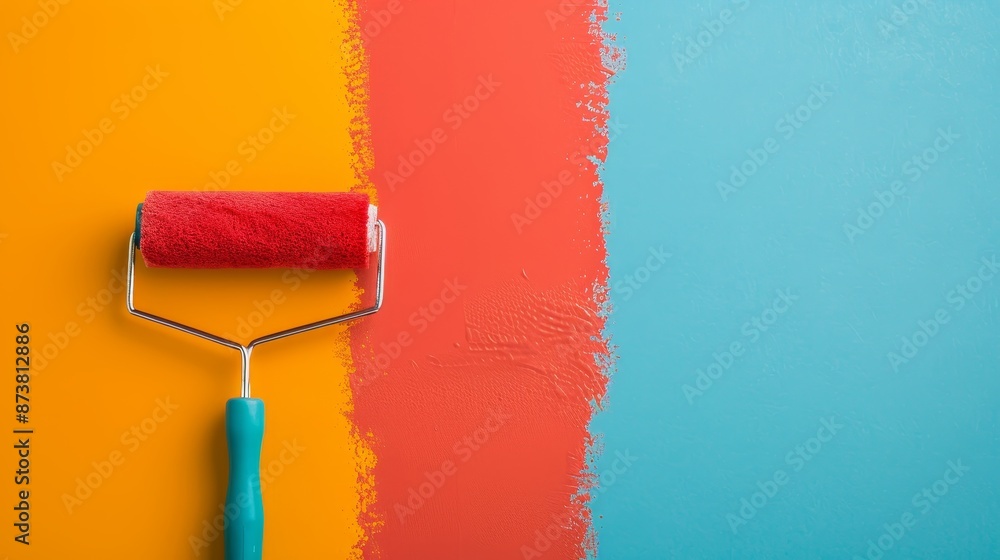 Obraz premium Detailed image of a roller applying a fresh coat of paint, emphasizing the even distribution and smooth application, creating a flawless look