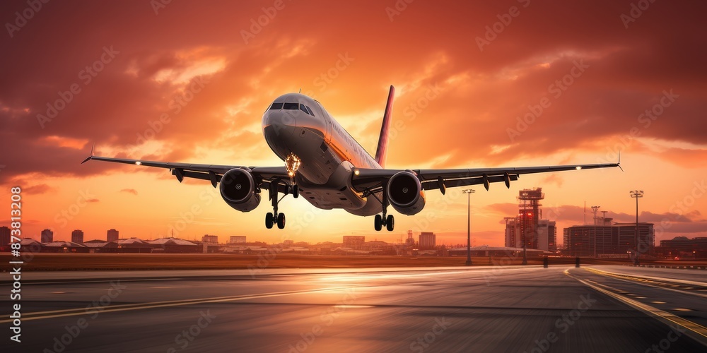 Fototapeta premium Airplane Taking Off at Sunset