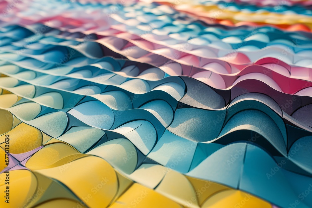 Obraz premium 3D rendering of a dynamic wave pattern, featuring a spectrum of vivid colors in a seamless flow, Multi colored sine waves in geometric grid pattern, AI generated