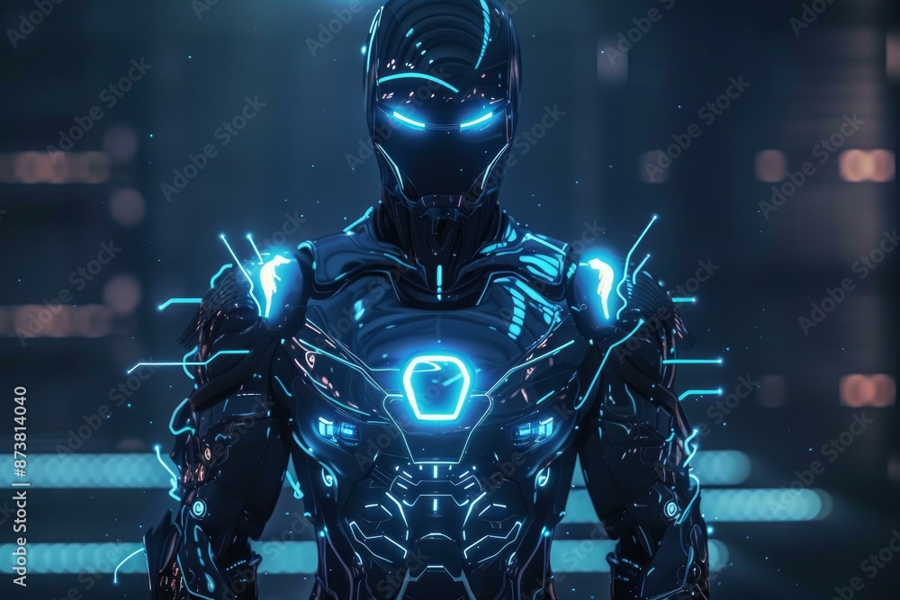 Digital artwork of a cybernetic soldier in glowing armor, perfect for scifi themes Digital artwork of a cybernetic soldier in glowing armor, perfect for scifi themes