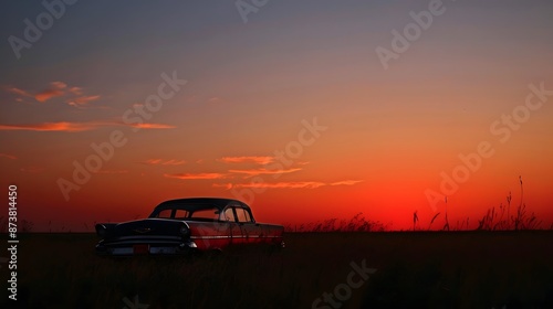 Red and black car parked on asphalt outdoor parking lot in the evening time with sunlight of sunset and beautiful orange sky background. 