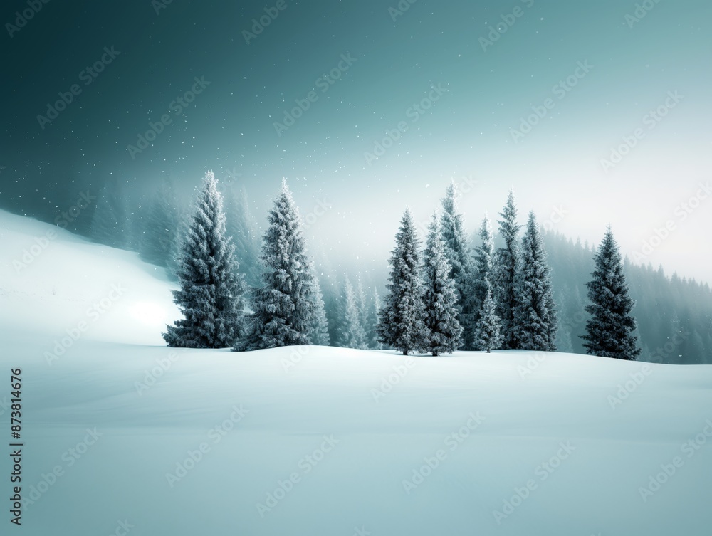 Snow-Covered Evergreen Forest in a Winter Wonderland with Falling Snowflakes, Seasonal Holiday Snow-Covered Evergreen Forest in a Winter Wonderland with Falling Snowflakes, Seasonal Holiday
