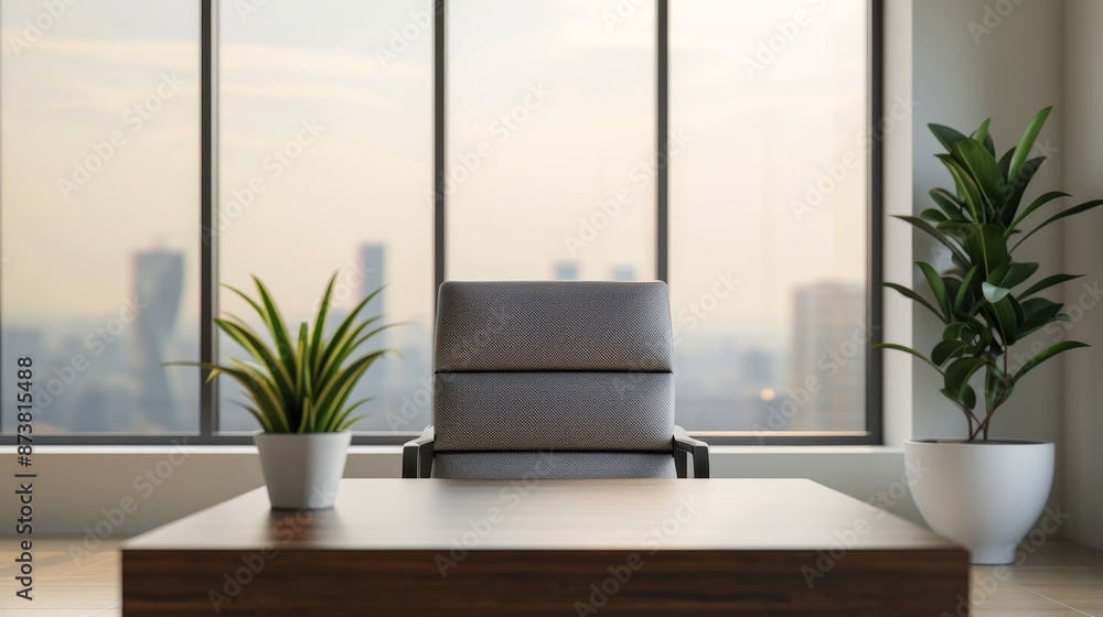 Executive office suite with modern furnishings, large windows with city views, and a businessperson receiving VIP client in a professional setting Executive office suite with modern furnishings, large windows with city views, and a businessperson receiving VIP client in a professional setting