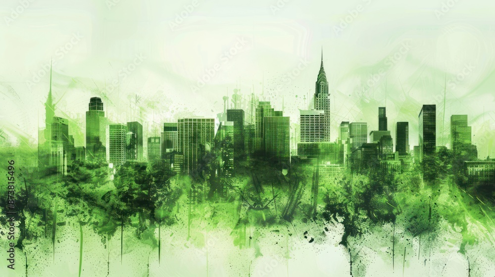 Fototapeta premium Green City Skyline - A Watercolor Dream