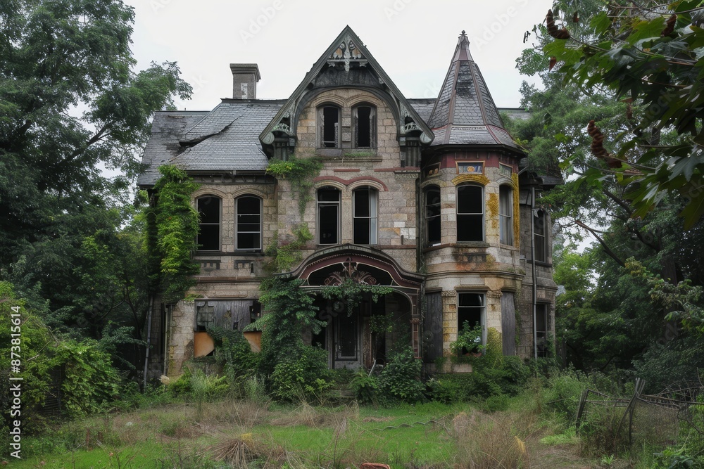 An old Victorian mansion stands abandoned in the center of a dense forest, An abandoned Victorian mansion with overgrown gardens An old Victorian mansion stands abandoned in the center of a dense forest, An abandoned Victorian mansion with overgrown gardens