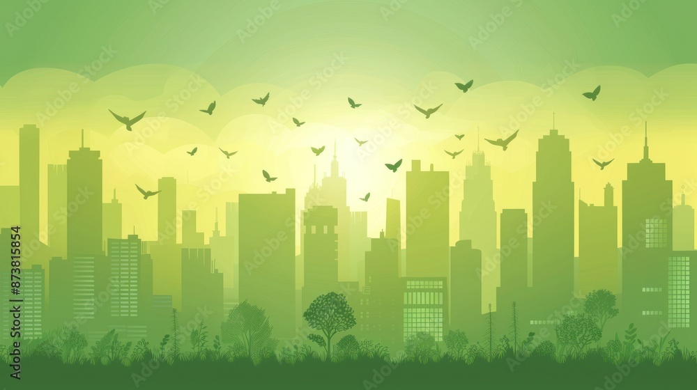 Green City Skyline with Birds in Flight Green City Skyline with Birds in Flight