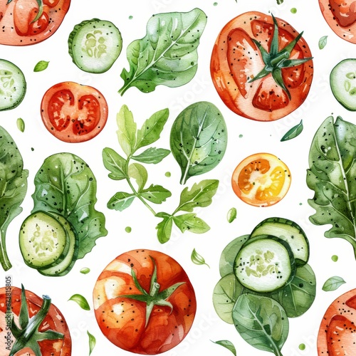 watercolor Assorted salad greens like spinach, arugula, and lettuce leaves, with tomatoes and cucumbers, in a crisp and refreshing pattern, healthy and invigorating, seamless repeating pattern