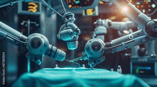 robotic surgery. A patient is prepared for surgery by a robot surgeon on an operating table. surgical instruments held in place by robotic arms. Modern medical technologies. medical innovation. 