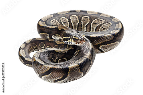 Close-up of a coiled ball python with intricate patterns on its scales, isolated on a white background.