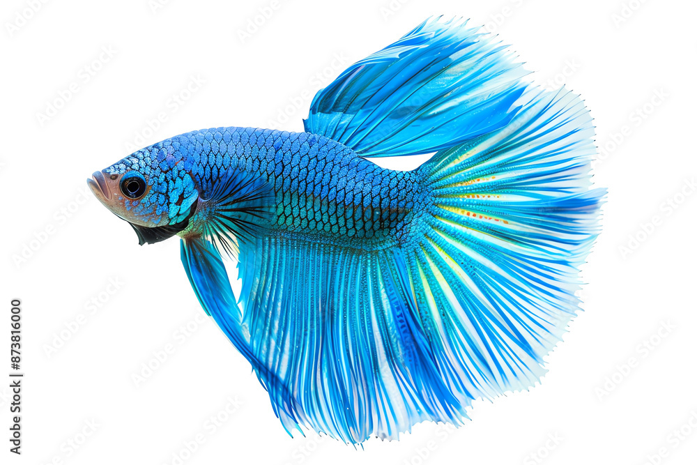 Fototapeta premium Vibrant blue Betta fish with flowing fins, displaying elegant underwater beauty in a close-up profile shot against a white background.