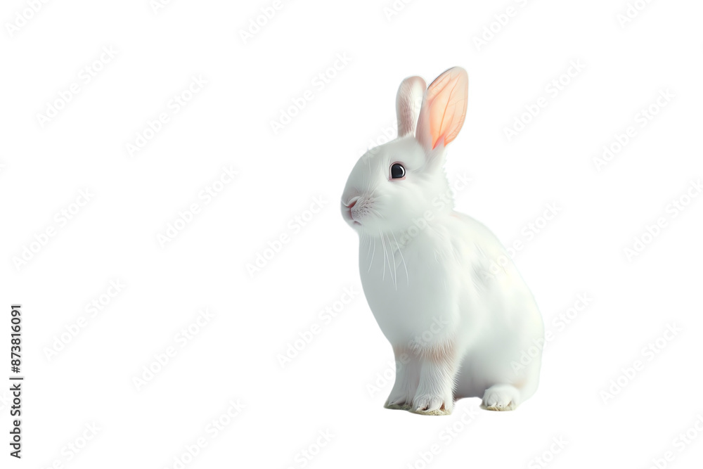 Adorable white rabbit sitting isolated on a white background, showcasing its fluffy fur and pink-tipped ears in a cute pose. Adorable white rabbit sitting isolated on a white background, showcasing its fluffy fur and pink-tipped ears in a cute pose.