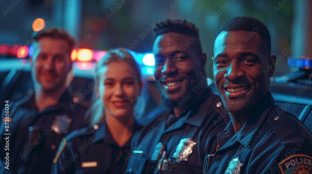 Obraz premium a diverse group of police officers, all smiling and standing together in front of a police station. The background features police cars and the station's entrance.