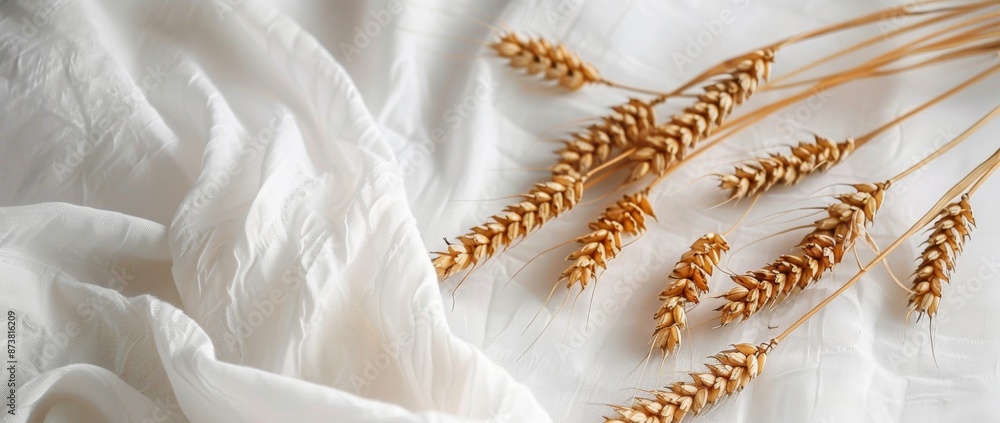 Dried wheat is placed on a white table with a soft focus to emphasize simplicity and natural elements. Dried wheat is placed on a white table with a soft focus to emphasize simplicity and natural elements.