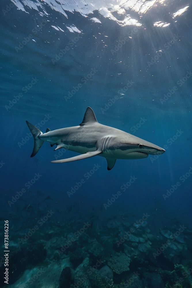 Fototapeta premium shark swimming in the deep ocean underwater background scence