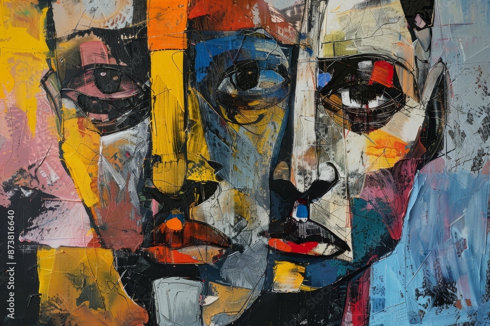 Fototapeta premium A painting depicting a mans face in vibrant, multiple colors in an abstract style, An abstract interpretation of a face that blends multiple features together