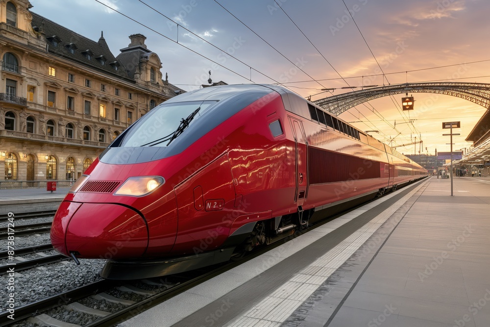 Naklejka premium A modern high speed train in motion in Europe. Public transport and travel concept.