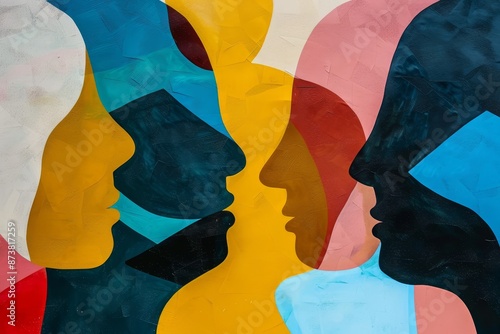 An abstract painting depicting two individuals standing and looking directly at each other, An abstract interpretation of a team of professionals communicating and sharing insights