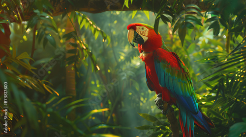 In the lush depths of the tropical jungle, a majestic macaw perches proudly amidst a canopy of vibrant foliage