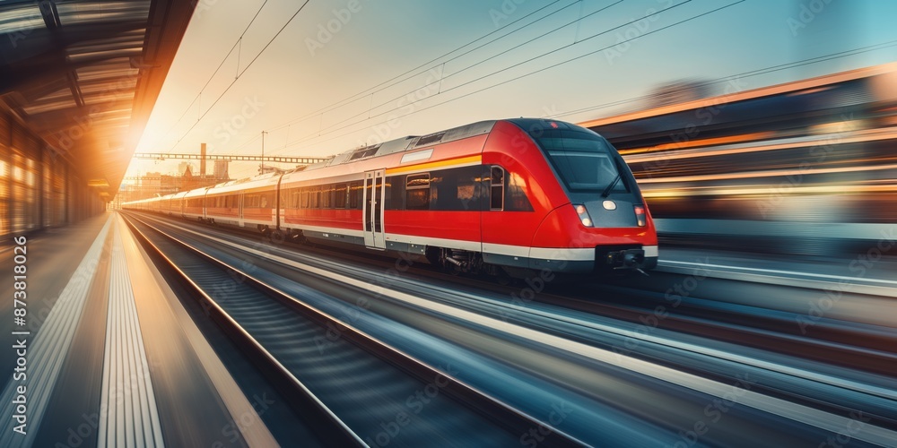 A modern high speed train in motion in Europe. Public transport and travel concept. A modern high speed train in motion in Europe. Public transport and travel concept.