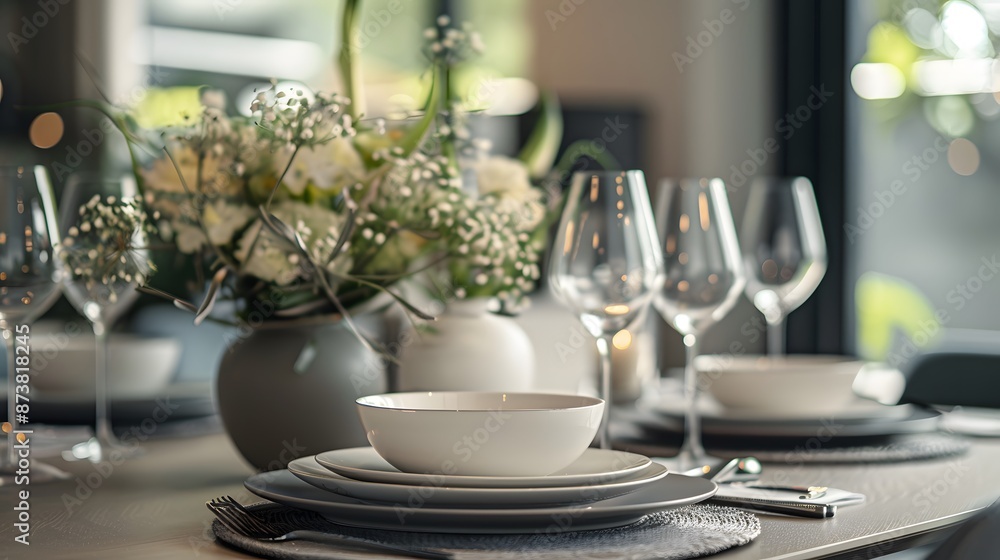 Minimalistic grey monochrome dinner set with plate and cutlery. Minimalistic grey monochrome dinner set with plate and cutlery.