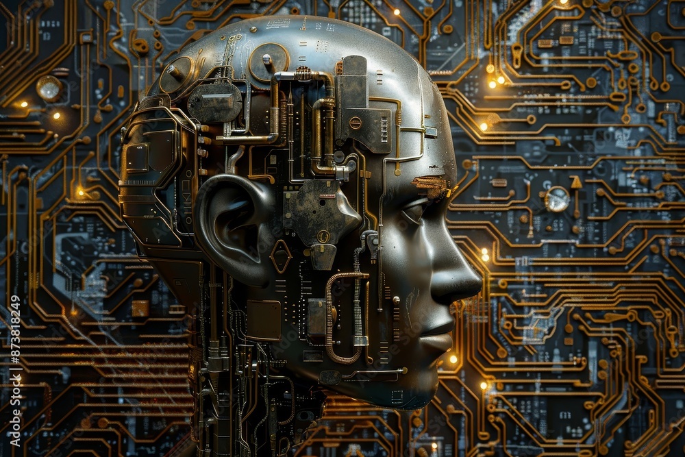 A computer circuit board merging with a human head, showcasing the fusion of technology and biology, An abstract interpretation of the concept of artificial intelligence A computer circuit board merging with a human head, showcasing the fusion of technology and biology, An abstract interpretation of the concept of artificial intelligence