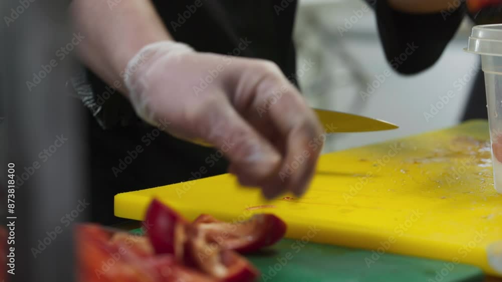 Workers are cutting vegetable ingredients for food preparation in the kitchen. Preparing the vegetable ingredients by chopping them with a knife. Preparing bell pepper and tomato vegetable ingredients Workers are cutting vegetable ingredients for food preparation in the kitchen. Preparing the vegetable ingredients by chopping them with a knife. Preparing bell pepper and tomato vegetable ingredients