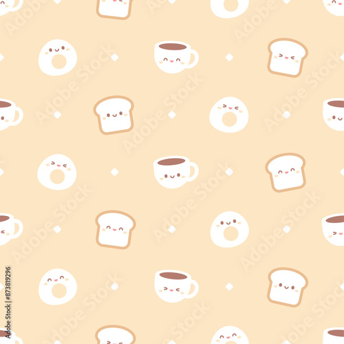 seamless pattern with breakfast food. cute breakfast pattern with coffee, fried egg, and toast illustration. kawaii pattern.
