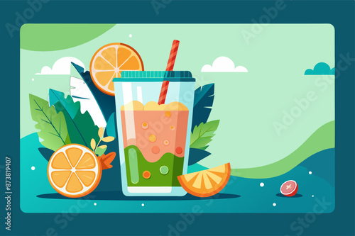 A glass of refreshing orange juice with a straw and a fresh slice of orange. A glass of refreshing Valencia orange juice with a straw and a slice of the citrus fruit on the rim of the glass