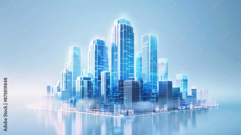Corporate building, surrounded by the city, icon design, blue and white, frosted glass, transparent technology sense, isometric, centered composition, white background, studio lighting, 3D, C4D, blend Corporate building, surrounded by the city, icon design, blue and white, frosted glass, transparent technology sense, isometric, centered composition, white background, studio lighting, 3D, C4D, blend