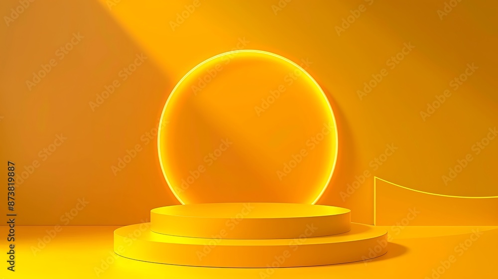 3D yellow podium and circle backdrop in yellow color background. Accentuated by neon lights, this interior concept showcase is a perfect way to display your products. Generative Ai 3D yellow podium and circle backdrop in yellow color background. Accentuated by neon lights, this interior concept showcase is a perfect way to display your products. Generative Ai