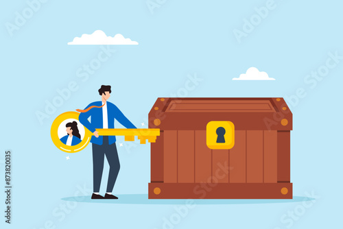 Employer unlocking treasure chest with candidate profiles key discovering hidden talent finding valuable potential hires recruitment