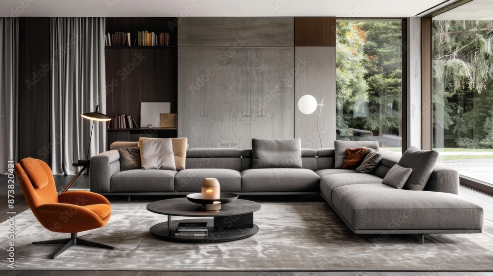 Fototapeta premium Explore modern living room styles featuring clean lines, minimalism, and a neutral color palette. Materials like glass, steel, and metal add a contemporary touch. 