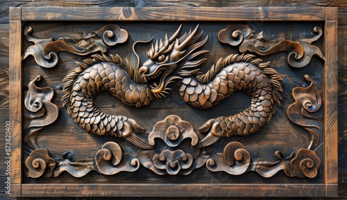 Carved Wooden Dragon on Circular Plaque Attached to Rustic Wooden Wall